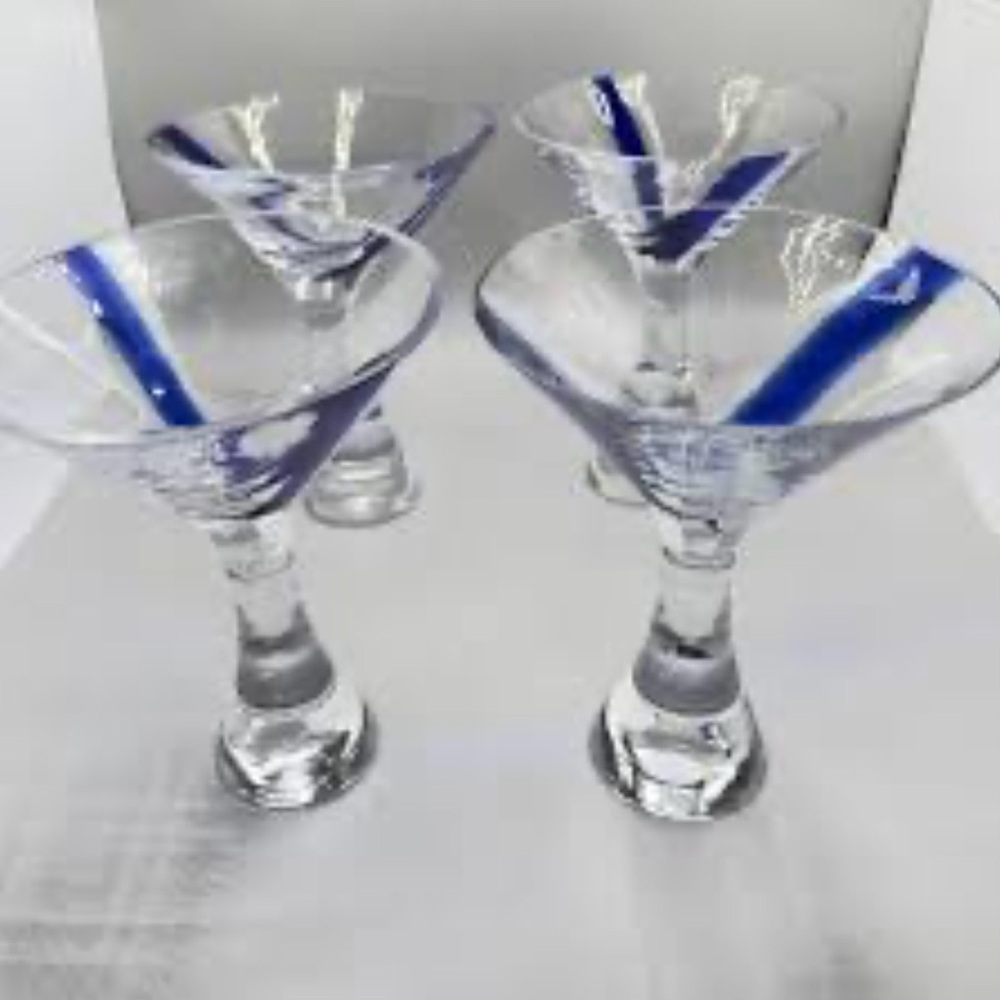 Vintage Artland Prescott Clear Cobalt Blue Swirl Martini Glasses. Set of Four.